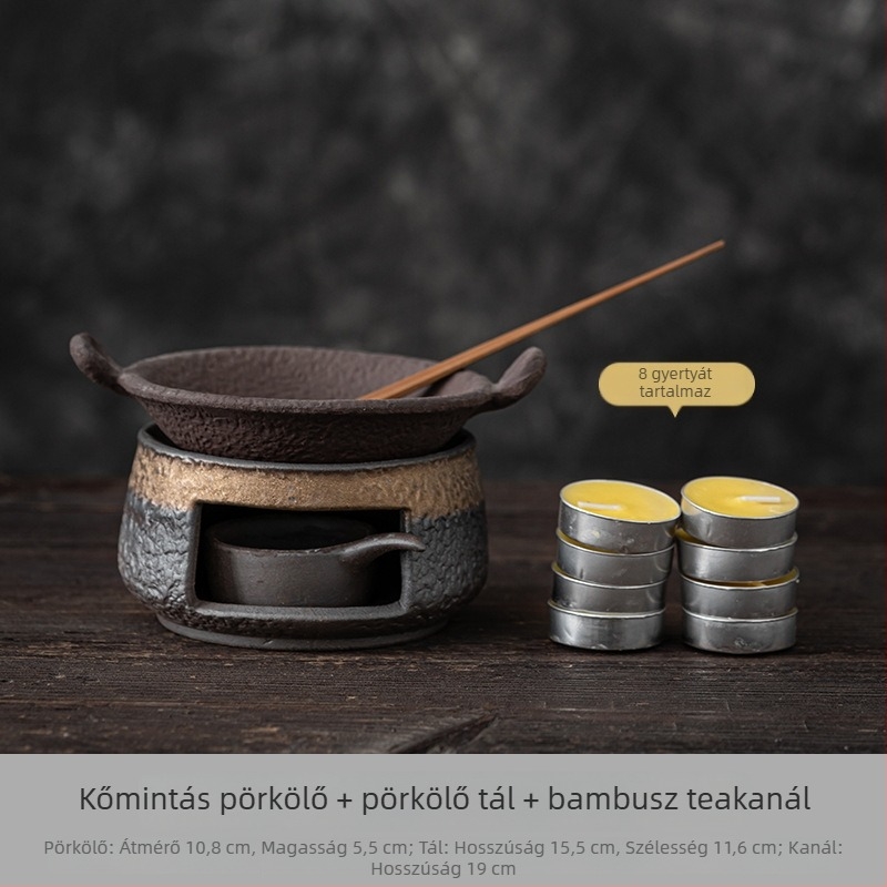 Kerámiából készült teaceremónia készlet aranyozott mázzal és gyertyával melegíthető alappal – teaceremónia kiegészítők