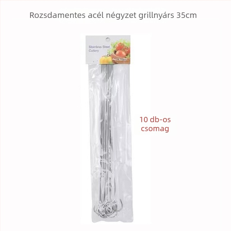Rozsdamentes acél BBQ nyársak – kör, csavart és négyszögletes, grillezéshez és családi kempingezéshez