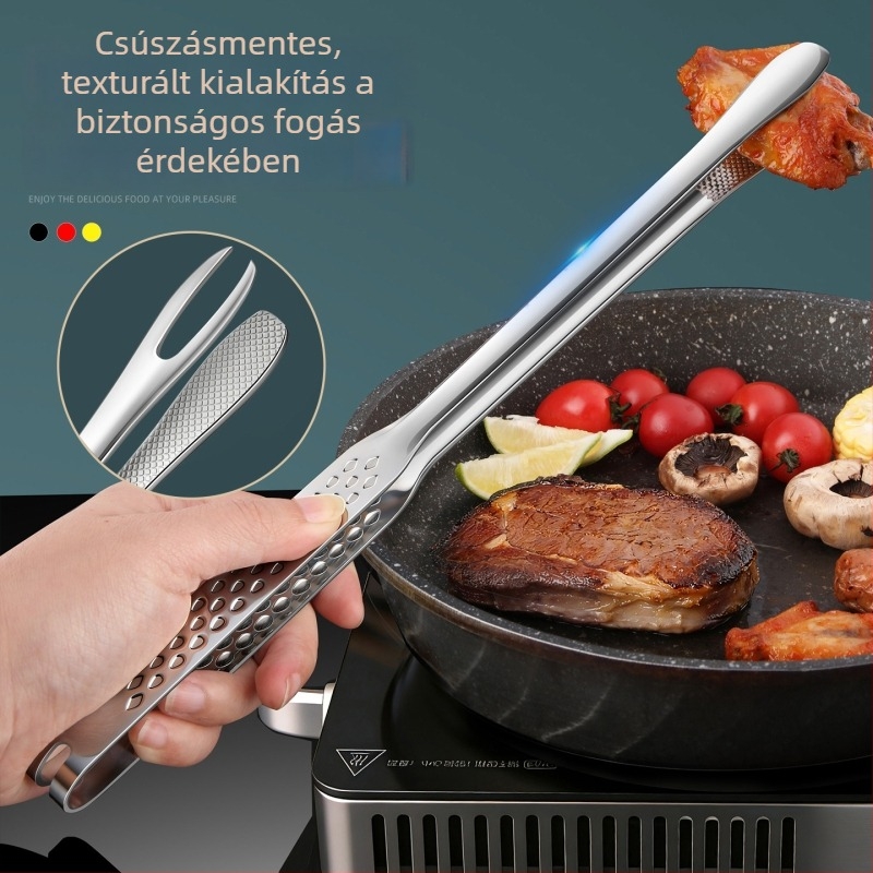 Megvastított grillcsipesz 316 rozsdamentes acélból, integrált Koreai villával – konyhai élelmiszerfogó, égésgátló