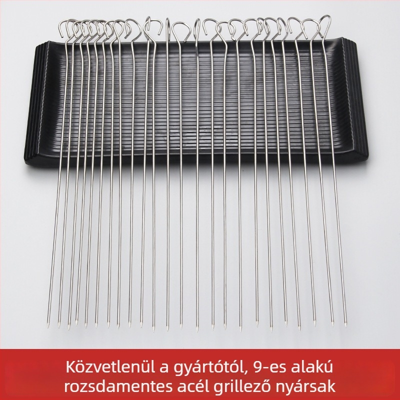 Vastagított rozsdamentes acél grillnyárs kilenc alakú formával, kör keresztmetszettel, akasztóval és végződéssel, amely liba farok formájú