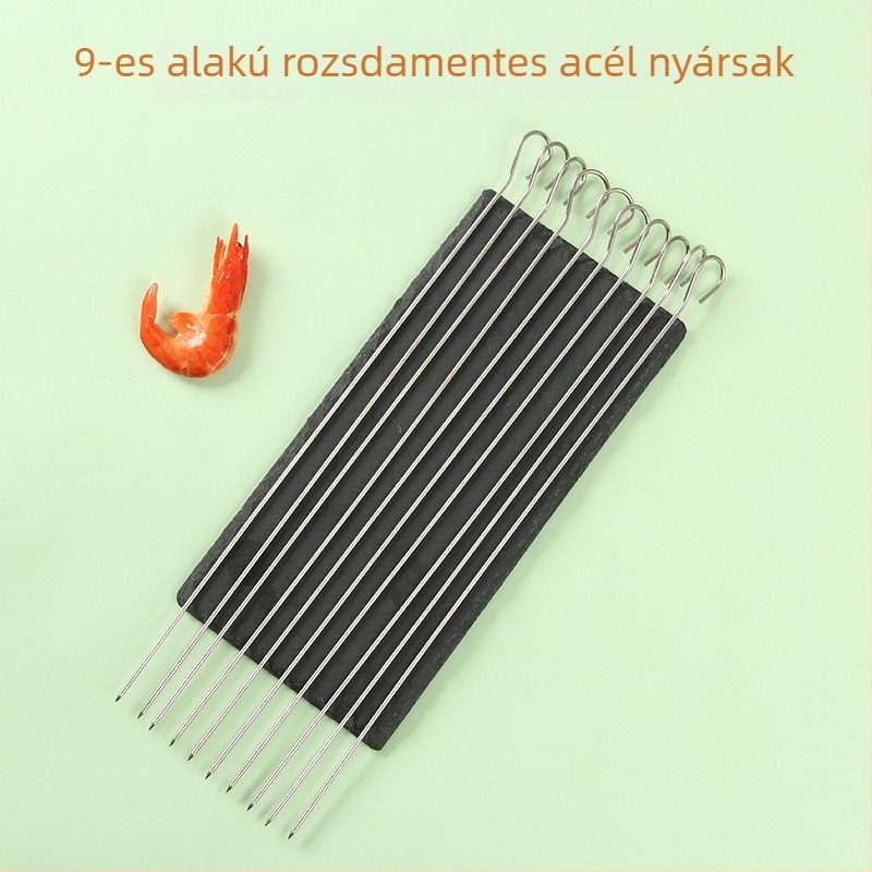 Vastagított rozsdamentes acél grillnyárs kilenc alakú formával, kör keresztmetszettel, akasztóval és végződéssel, amely liba farok formájú