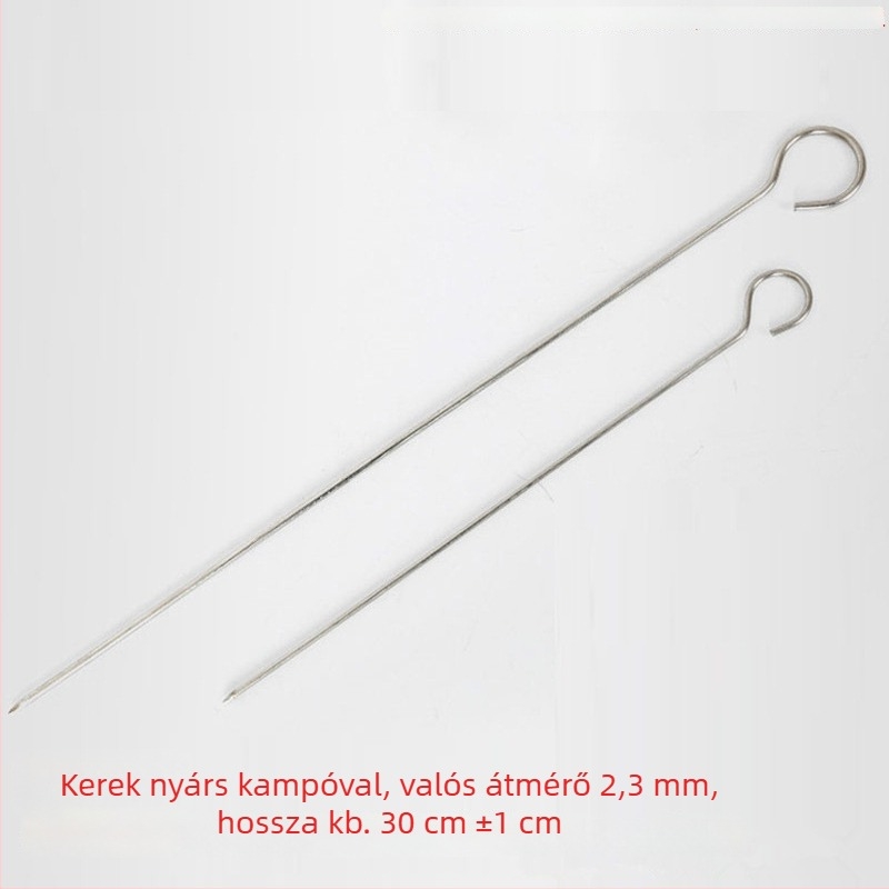Vastagított rozsdamentes acél grillnyárs kilenc alakú formával, kör keresztmetszettel, akasztóval és végződéssel, amely liba farok formájú