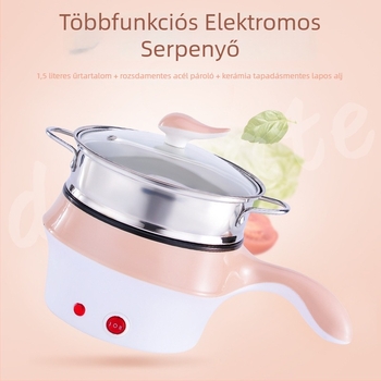 Mini elektromos főzőedény tapadásmentes belsővel, 1–2 L, 800 W, gőzölés, sütés, főzés, forró fazék és teppanyaki