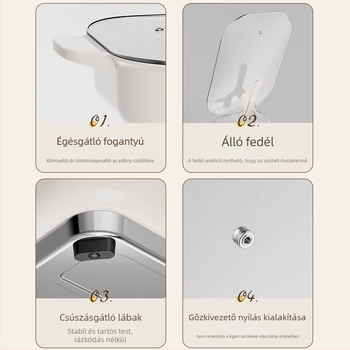 Elektronikus többfunkciós edény, 1500W+, 6L, forró fazekakhoz és hal grillhez, gőzölés, sütés, főzés, párolás