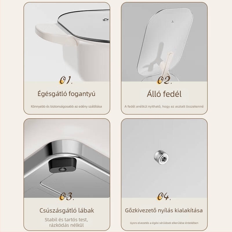Elektronikus többfunkciós edény, 1500W+, 6L, forró fazekakhoz és hal grillhez, gőzölés, sütés, főzés, párolás