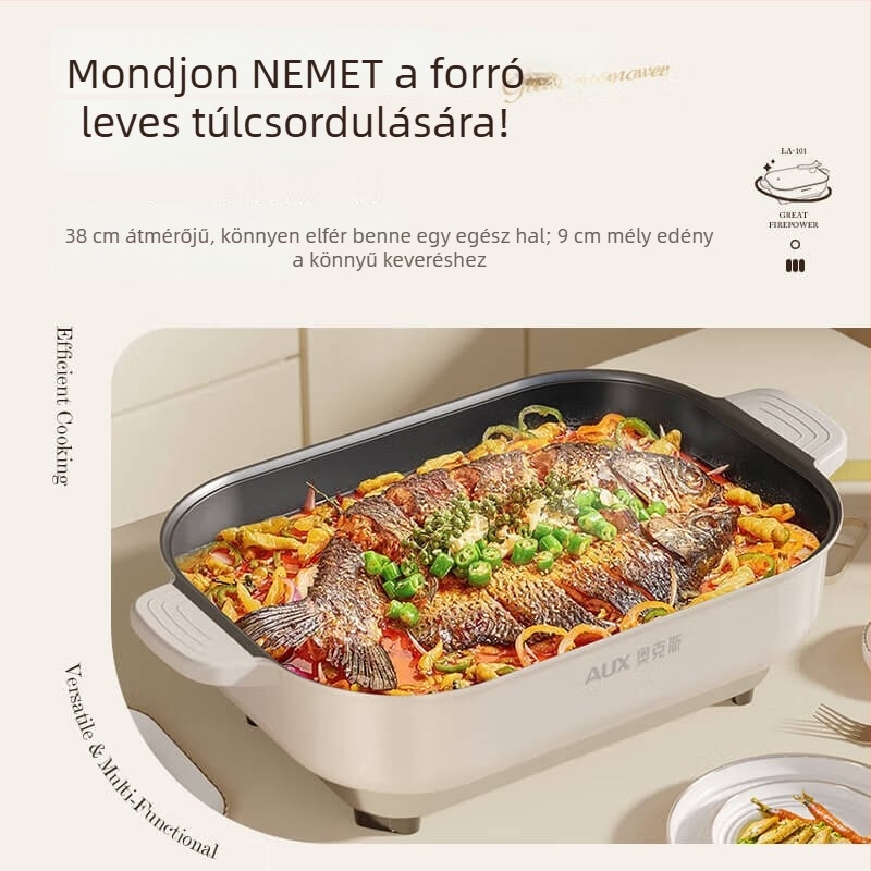 Elektronikus többfunkciós edény, 1500W+, 6L, forró fazekakhoz és hal grillhez, gőzölés, sütés, főzés, párolás