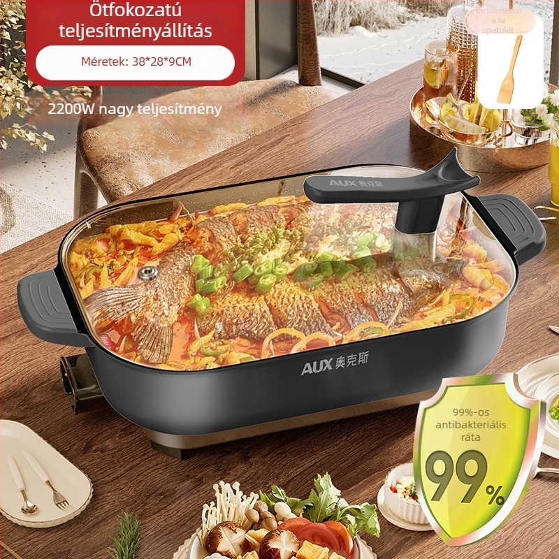 Elektronikus többfunkciós edény, 1500W+, 6L, forró fazekakhoz és hal grillhez, gőzölés, sütés, főzés, párolás