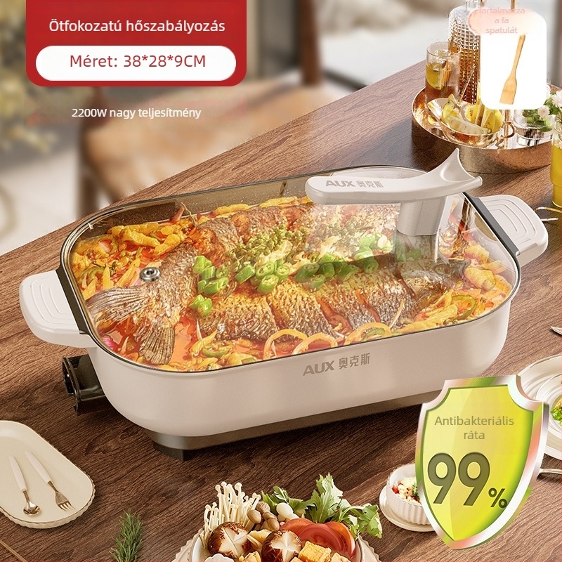 Elektronikus többfunkciós edény, 1500W+, 6L, forró fazekakhoz és hal grillhez, gőzölés, sütés, főzés, párolás