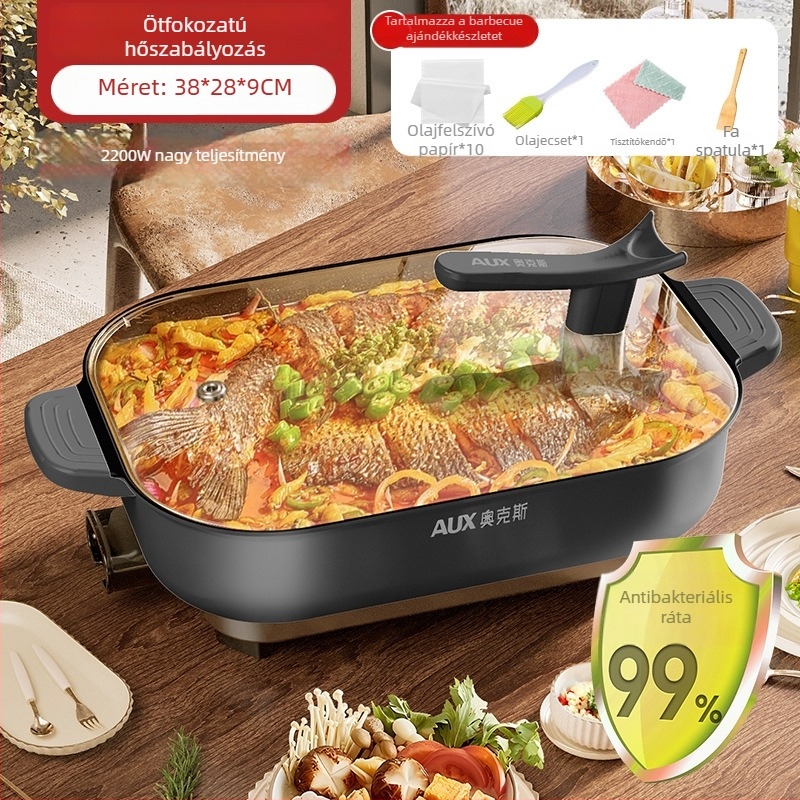 Elektronikus többfunkciós edény, 1500W+, 6L, forró fazekakhoz és hal grillhez, gőzölés, sütés, főzés, párolás