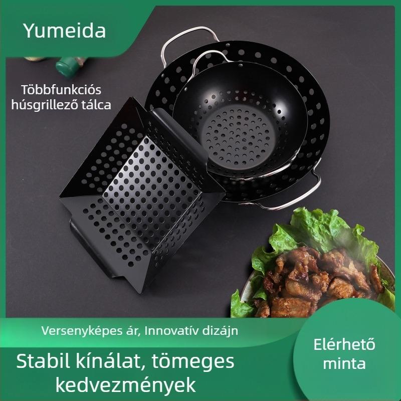 Rozsdamentes acél kültéri grill tálca, négyszögletes lyukas grillkosár zöldségekhez