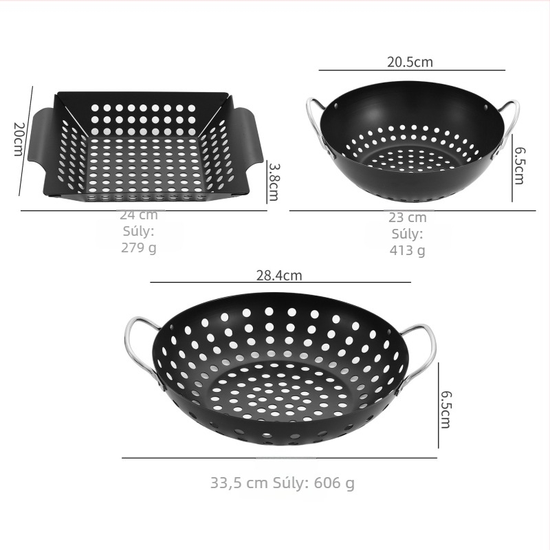 Rozsdamentes acél kültéri grill tálca, négyszögletes lyukas grillkosár zöldségekhez