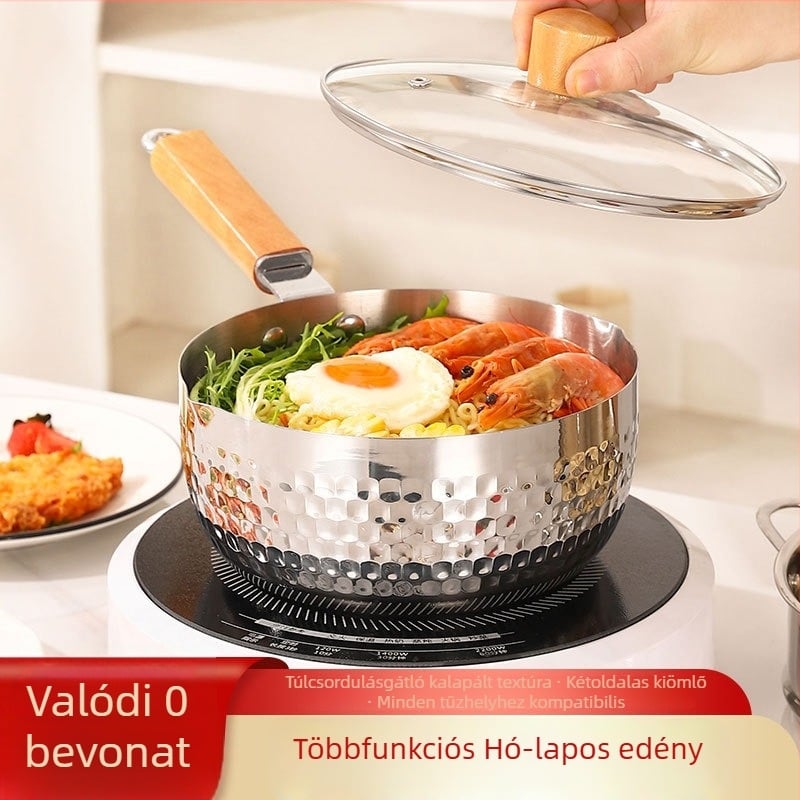 Japán stílusú Yukihira fazék, élelmiszer-minőségű 430 rozsdamentes acélból, vastagított tej- és levesfazék pároló fedővel
