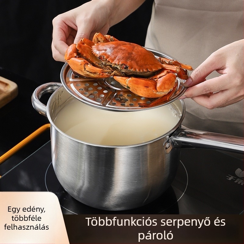 Rozsdamentes acél edény sütéshez és gőzöléshez szűrőhálóval és gőzölő rácsokkal, indukciós főzőlaphoz