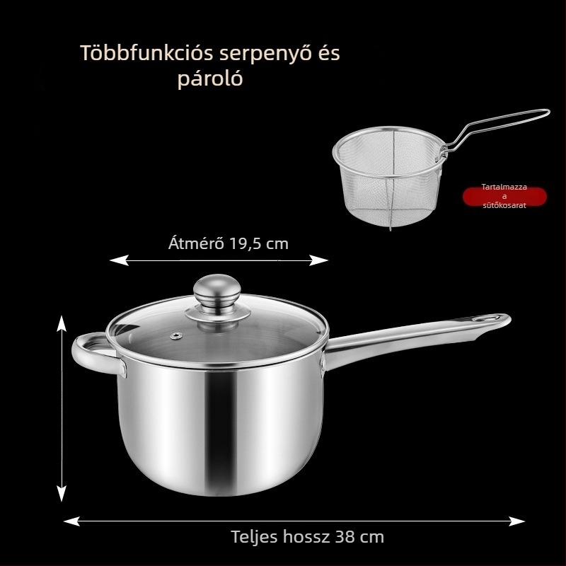 Rozsdamentes acél edény sütéshez és gőzöléshez szűrőhálóval és gőzölő rácsokkal, indukciós főzőlaphoz