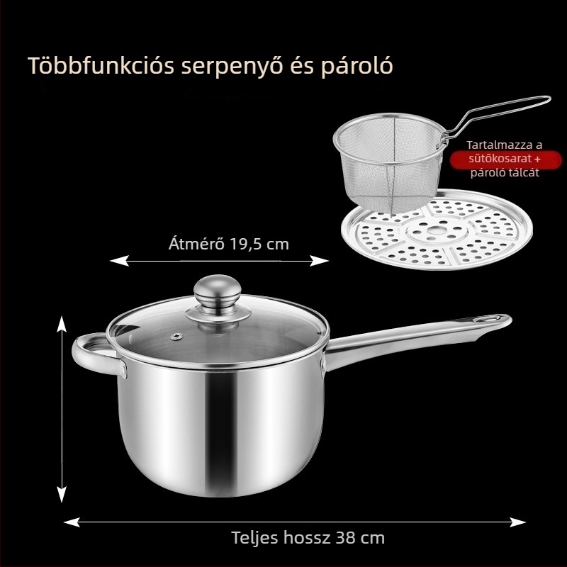 Rozsdamentes acél edény sütéshez és gőzöléshez szűrőhálóval és gőzölő rácsokkal, indukciós főzőlaphoz