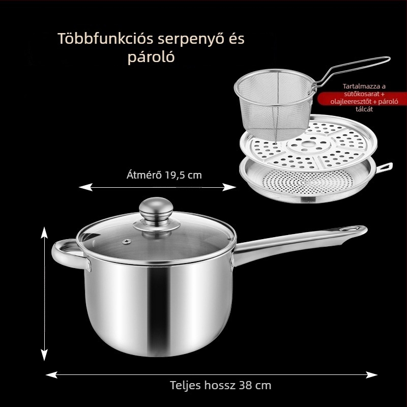 Rozsdamentes acél edény sütéshez és gőzöléshez szűrőhálóval és gőzölő rácsokkal, indukciós főzőlaphoz