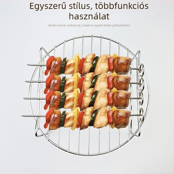 Rozsdamentes acélból készült levegő sütőhöz való grillrács, dupla szintű körkörös pároló rács, grillnyársak és halas grillrács.