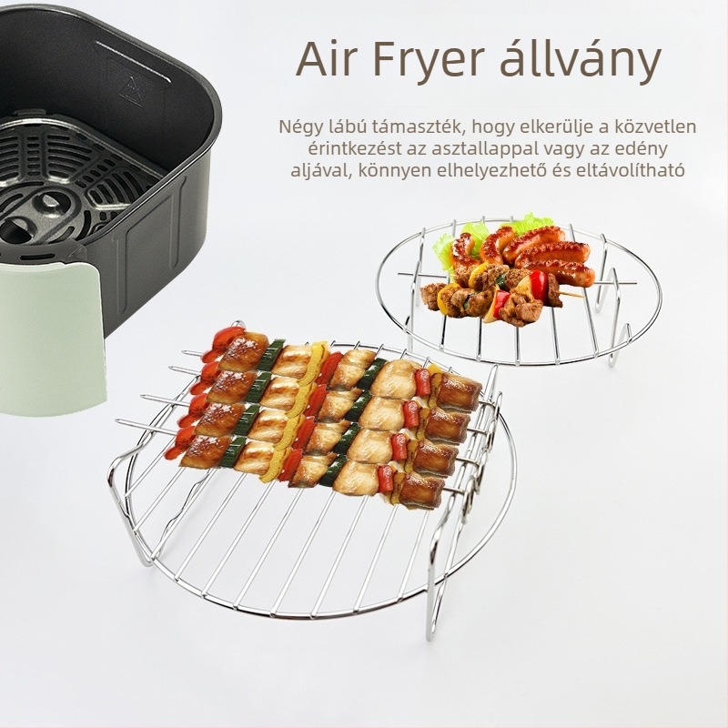 Rozsdamentes acélból készült levegő sütőhöz való grillrács, dupla szintű körkörös pároló rács, grillnyársak és halas grillrács.