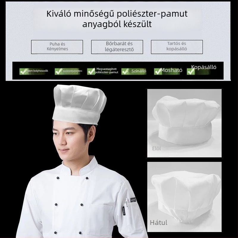 Egyszer használatos férfi szakácssapka, nemszövött anyagból, olaj- és füstálló, magas koronájú, hotel-konyhai használatra