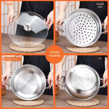 Rozsdamentes acél párolóedény, 28 cm, nagy kapacitású, egy- és kétszintes pároló, forró edényekhez, logó nyomtatás elérhető