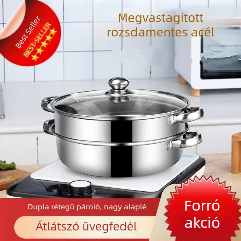 Rozsdamentes acél párolóedény, 28 cm, nagy kapacitású, egy- és kétszintes pároló, forró edényekhez, logó nyomtatás elérhető