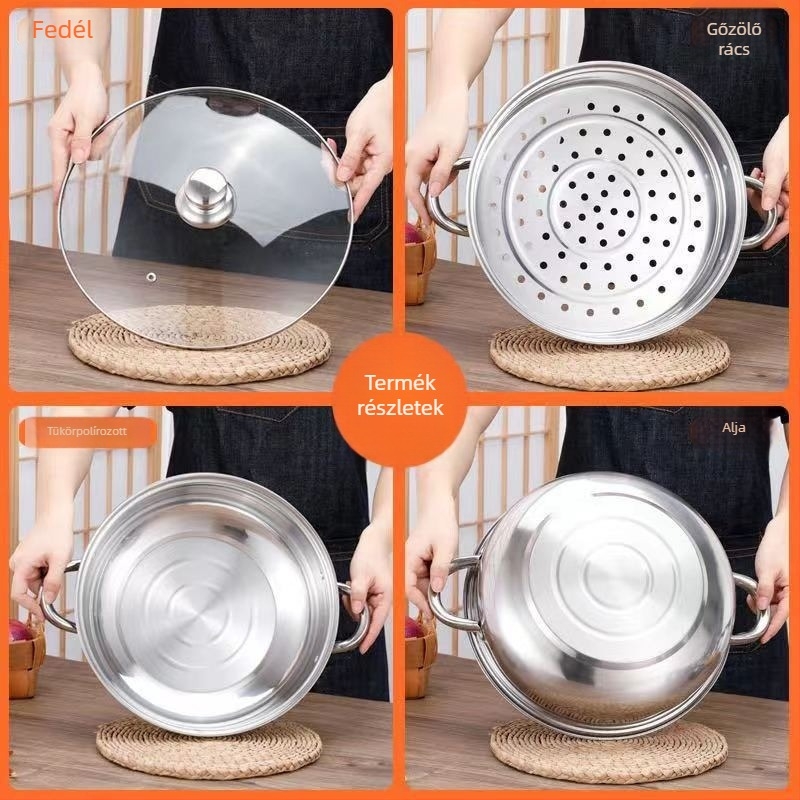 Rozsdamentes acél párolóedény, 28 cm, nagy kapacitású, egy- és kétszintes pároló, forró edényekhez, logó nyomtatás elérhető