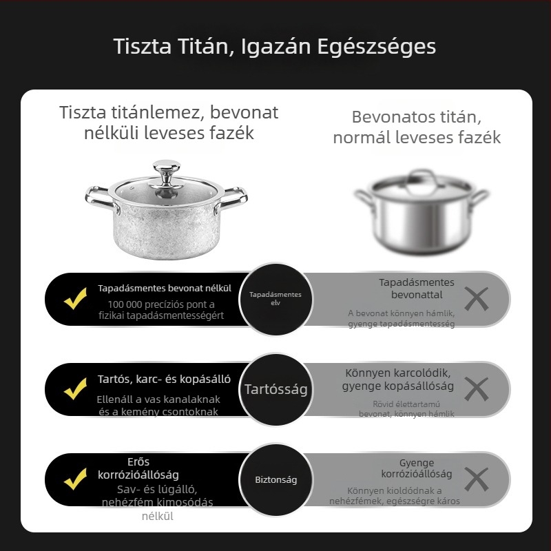 Tiszta titánium leveses fazék dupla fülű, bevonat nélküli, vastagított aljzattal, nagy kapacitású, gázfőzéshez