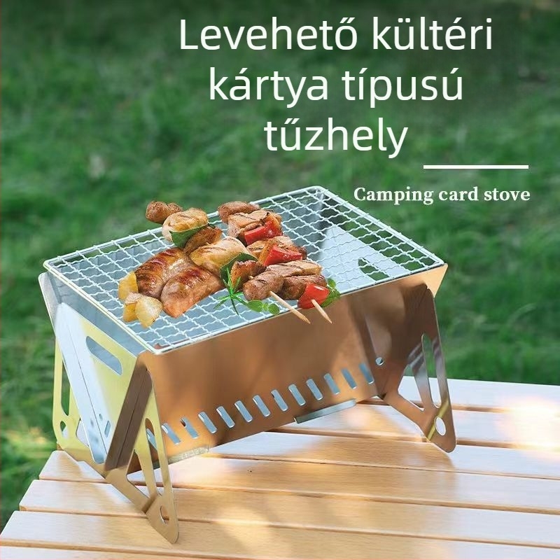 Kártya-stílusú összecsukható kültéri tűzhely kempingezéshez, teázáshoz és grillezéshez — rozsdamentes acélból, hordozható mini grill, fatüzelésű