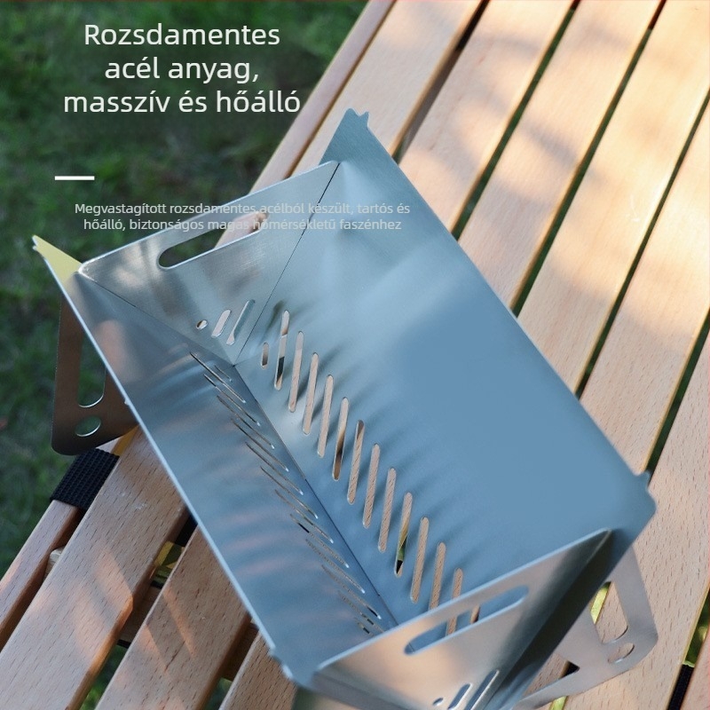 Kártya-stílusú összecsukható kültéri tűzhely kempingezéshez, teázáshoz és grillezéshez — rozsdamentes acélból, hordozható mini grill, fatüzelésű