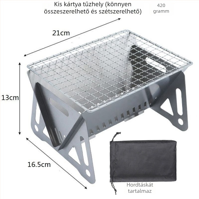 Kártya-stílusú összecsukható kültéri tűzhely kempingezéshez, teázáshoz és grillezéshez — rozsdamentes acélból, hordozható mini grill, fatüzelésű