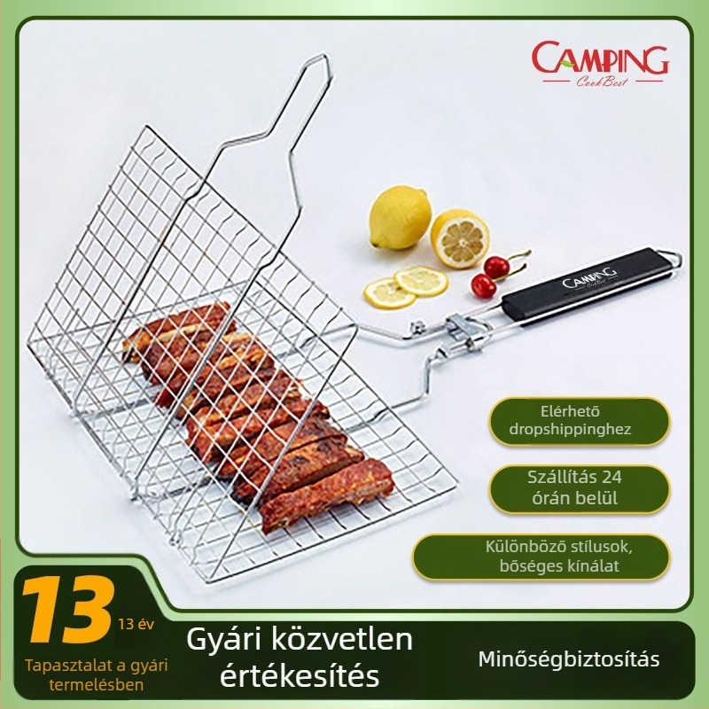 Rozsdamentes acélból készült, hordozható, összecsukható barbecue csipesz és grillháló kültéri használatra