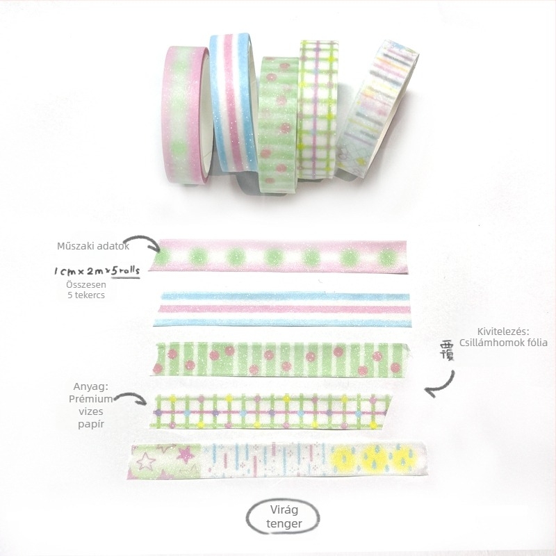 AGUGU Glitter-Sand Washi szalag – Koreai stílusú inspirációjú planner DIY vékony szalag, 2 m hosszú, 10 mm széles