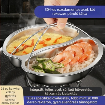304 rozsdamentes acélból készült Yin-Yang gőzölő tál, osztott rekeszekkel, ideális bébiételek és rizs párolásához