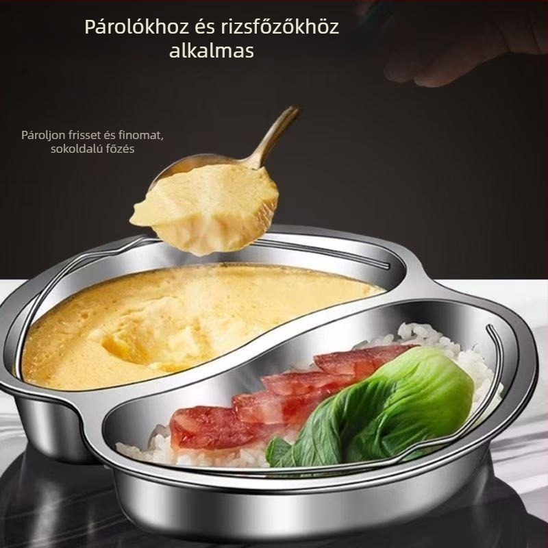 304 rozsdamentes acélból készült Yin-Yang gőzölő tál, osztott rekeszekkel, ideális bébiételek és rizs párolásához