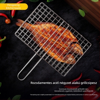 Rozsdamentes acél barbecue grillháló zöldségekhez és halhoz, csipesz és grilllapát – kültéri főzéshez