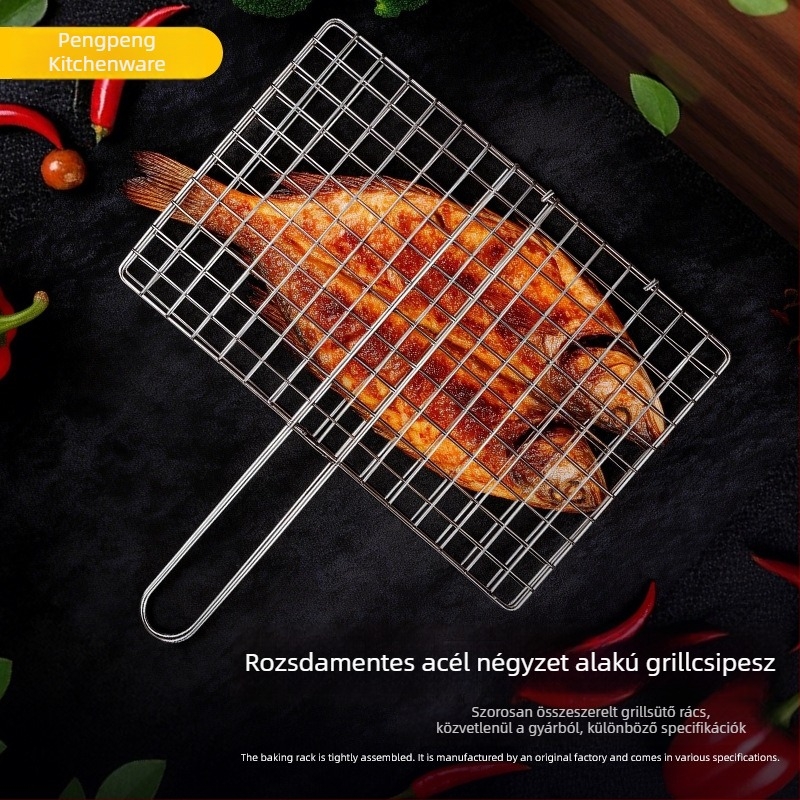 Rozsdamentes acél barbecue grillháló zöldségekhez és halhoz, csipesz és grilllapát – kültéri főzéshez