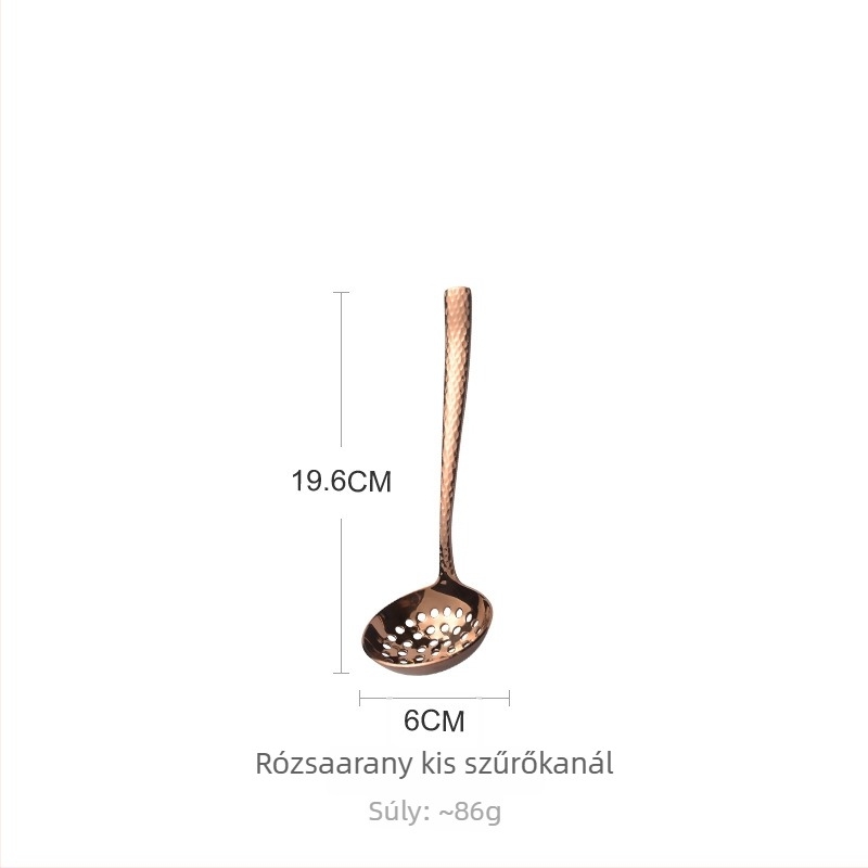 304 rozsdamentes acél, megvastított, kalapált felülettel, leveskanál hosszú nyéllel forró fazékhoz – gyoza és zabkása számára, arany színű