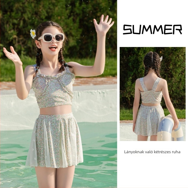 Lányoknak szóló két részes bikini, koreai stílusú, friss mintázat, Milk Silk poliészter anyagból, 12–15 éveseknek