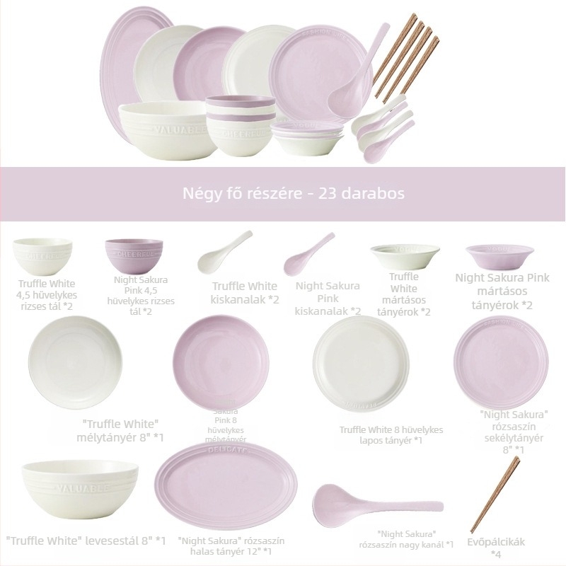 Reliefes angol mintájú étkészlet – porcelán Night Sakura rózsaszínű, rizs és leveses tálak, tányérok, evőpálcák, 11 darabos Nordic stílus