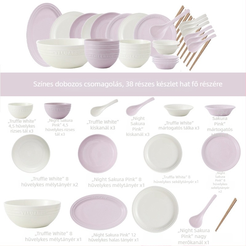 Reliefes angol mintájú étkészlet – porcelán Night Sakura rózsaszínű, rizs és leveses tálak, tányérok, evőpálcák, 11 darabos Nordic stílus