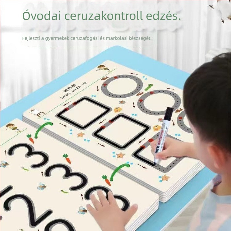 Toll-irányítás gyakorlófüzet gyermekeknek – rajz és írás gyakorlatok, törölhető, 2-3 éveseknek