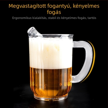 Átlátszó műanyag sörös pohár, nagy kapacitású kiöntővel; alkalmas sörre, gyümölcslére, vízre és teára; hőálló