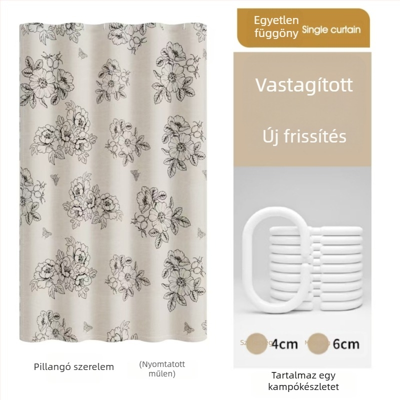 Prémium vízálló és penészmentes zuhanyfüggöny fürdőszobai válaszfalhoz, fúrás nélküli szerelés, imitációs lenanyag, virágos motívum