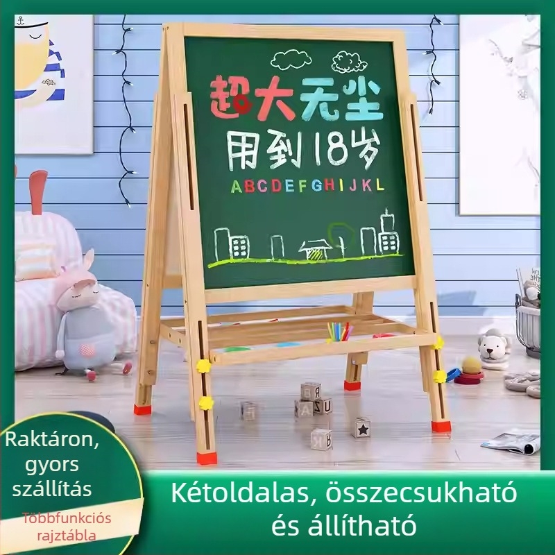 Kis méretű fa krétatábla otthoni tanuláshoz — törölhető írásra és rajzra szolgáló tábla gyerekeknek mágneses állvánnyal