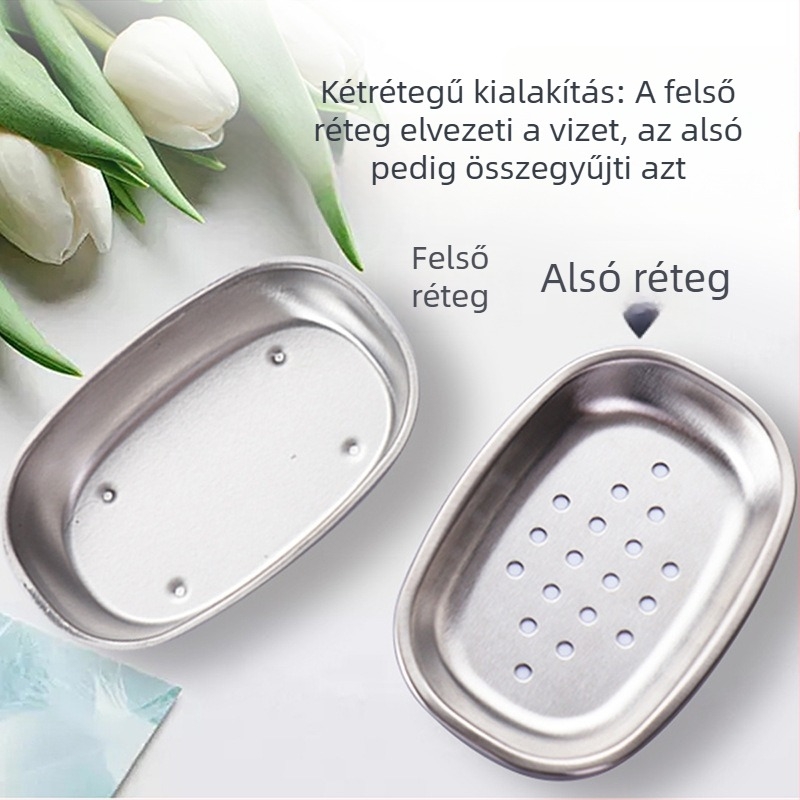 Rozsdamentes acélból készült kétszintes szappantartó fürdőszobába, vízelvezetővel