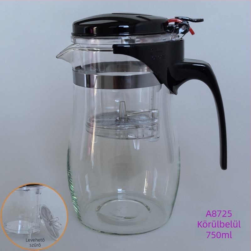 Üvegből készült teáskészlet tea- és vízelválasztással, nyomógombos teáskannával, hőálló