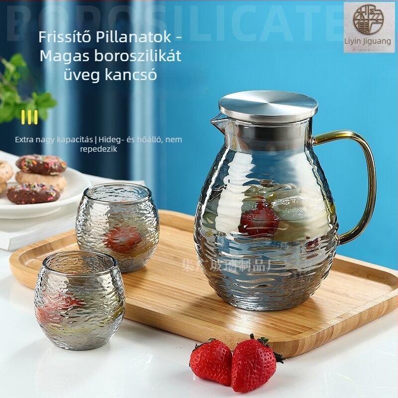Üvegből készült hidegvíz-kancsó készlet, nagy kapacitás, hőálló, gyümölcslé-kancsó és üvegpohár, szürke