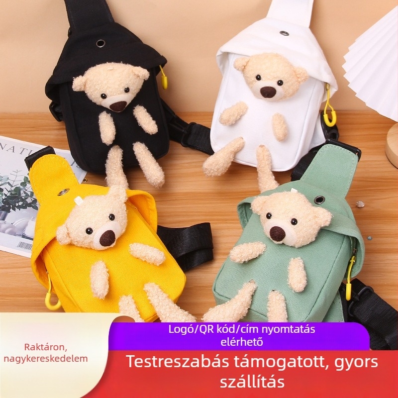 Mackó mintás vászon crossbody táska – mini méret, aranyos rajzfilm dizájn