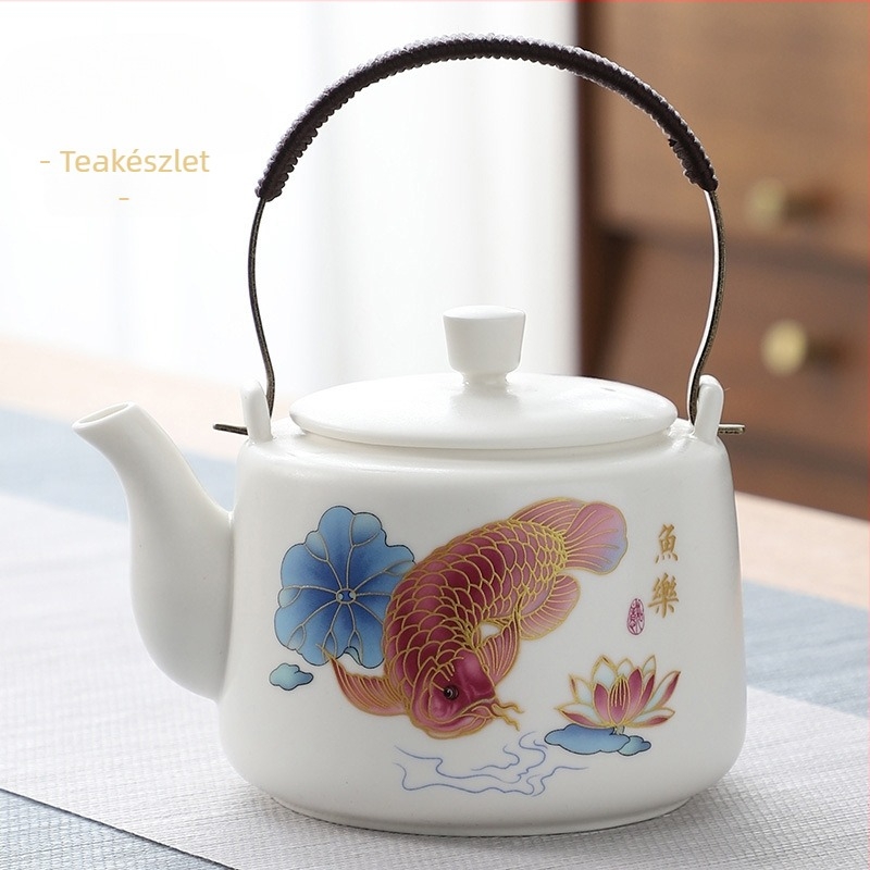 Nagy kapacitású fehér porcelán teáskanna szűrővel és nagy fogantyúval teázáshoz