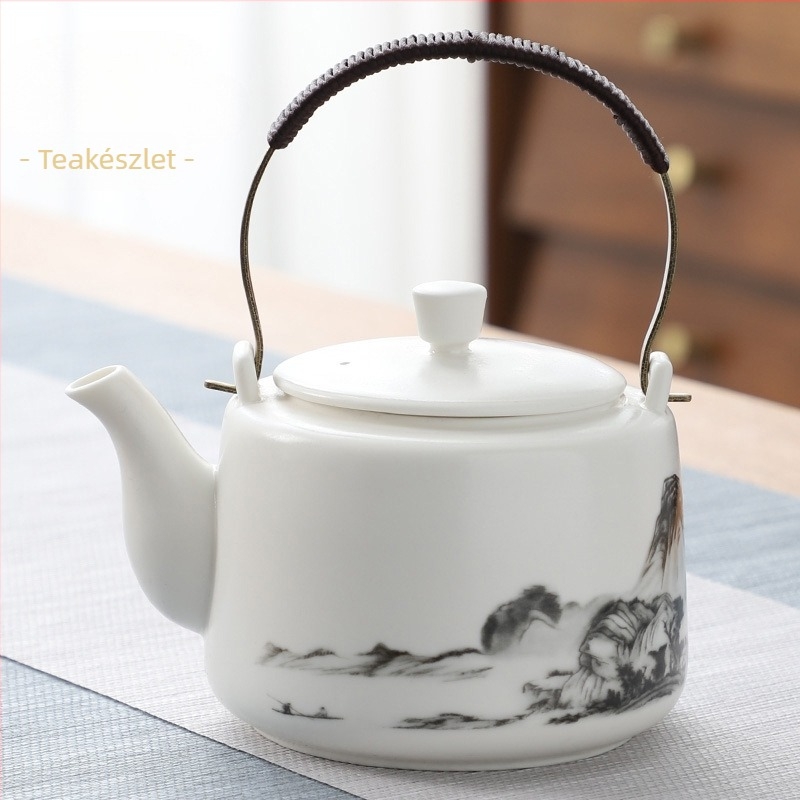 Nagy kapacitású fehér porcelán teáskanna szűrővel és nagy fogantyúval teázáshoz